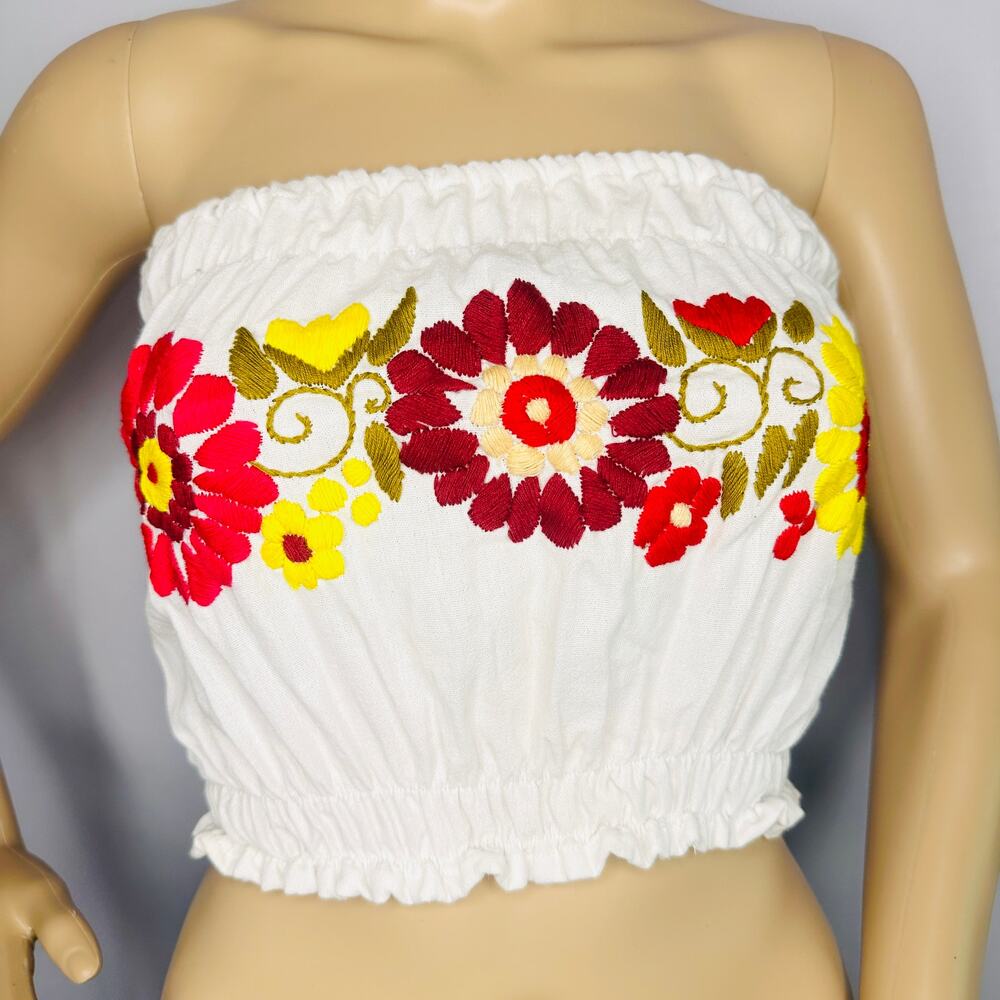 New White Strapless Bandeau Top – Floral Embroidered Mexican Tube Top 🌼 Boho